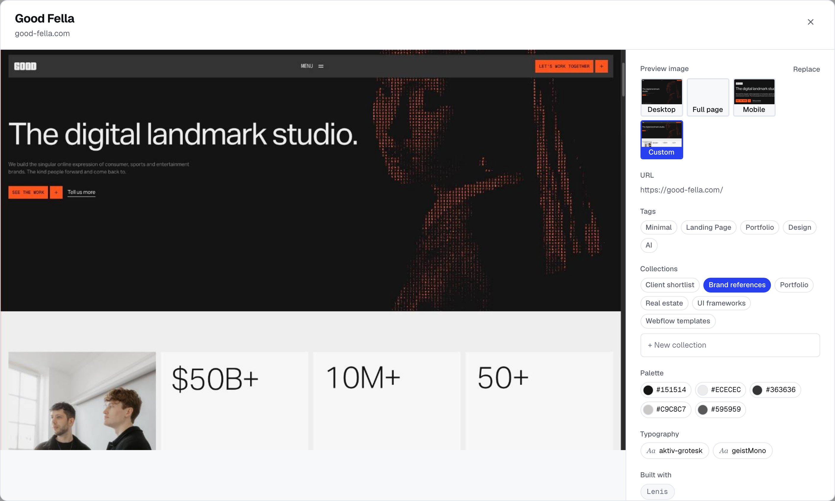 A saved site in Moodmark with its screenshot, extracted palette, fonts and tech stack