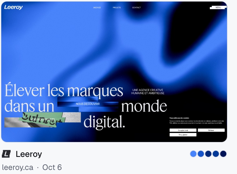 Leeroy, a saved site in Moodmark with a blue palette