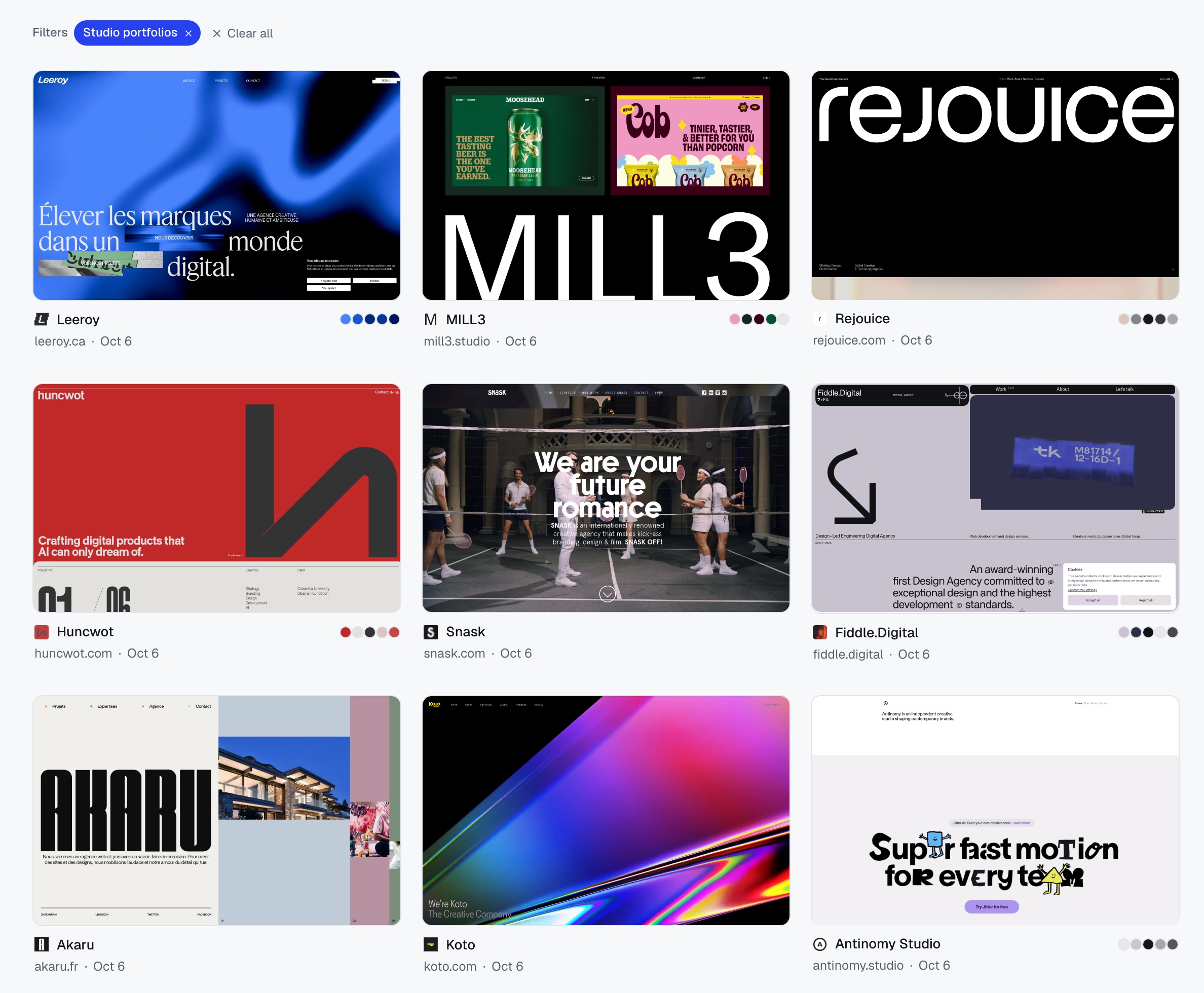 The Studio portfolios collection in Moodmark: 18 studio websites saved by an AI agent, with screenshots and colour palettes