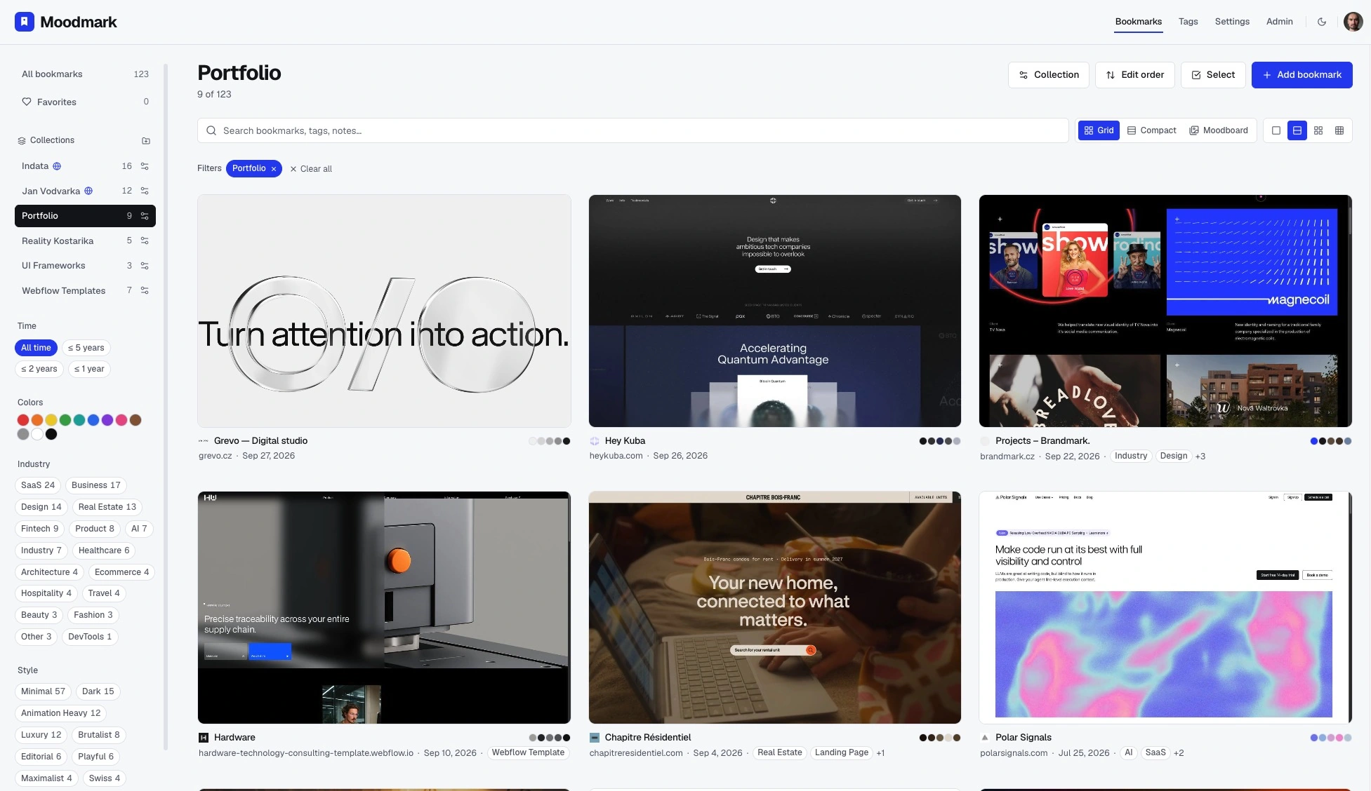 Moodmark desktop app showing the Portfolio collection, sidebar filters, search and saved website previews including Grevo