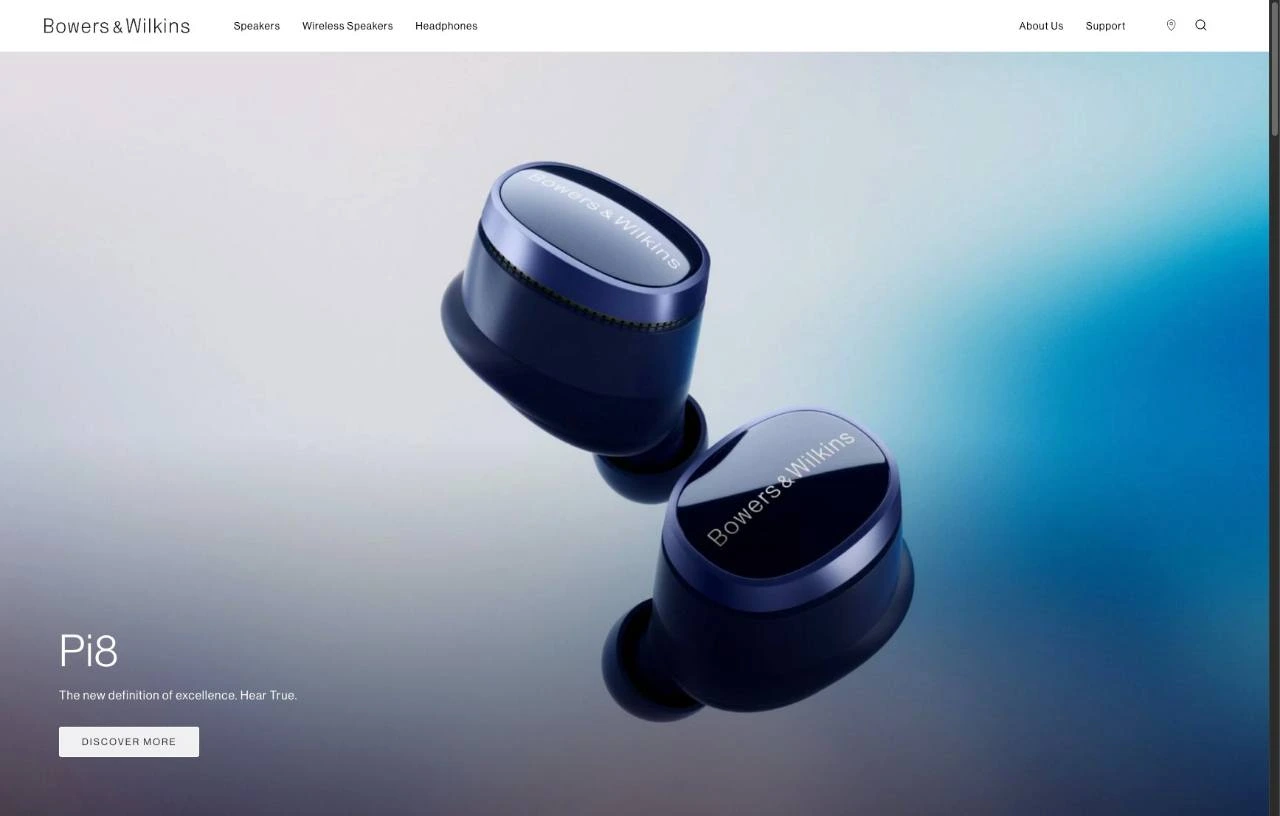 Bowers and Wilkins website with a light blue product photograph